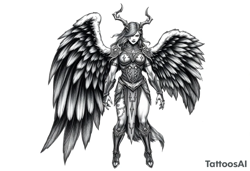 A fierce looking Valkyrie with very big dark wings. The whole body with legs should be visible.
She has armor tattoo idea