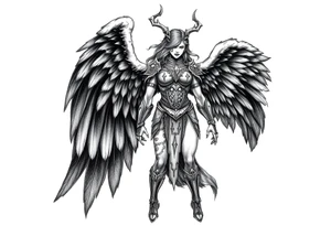 A fierce looking Valkyrie with very big dark wings. The whole body with legs should be visible.
She has armor tattoo idea