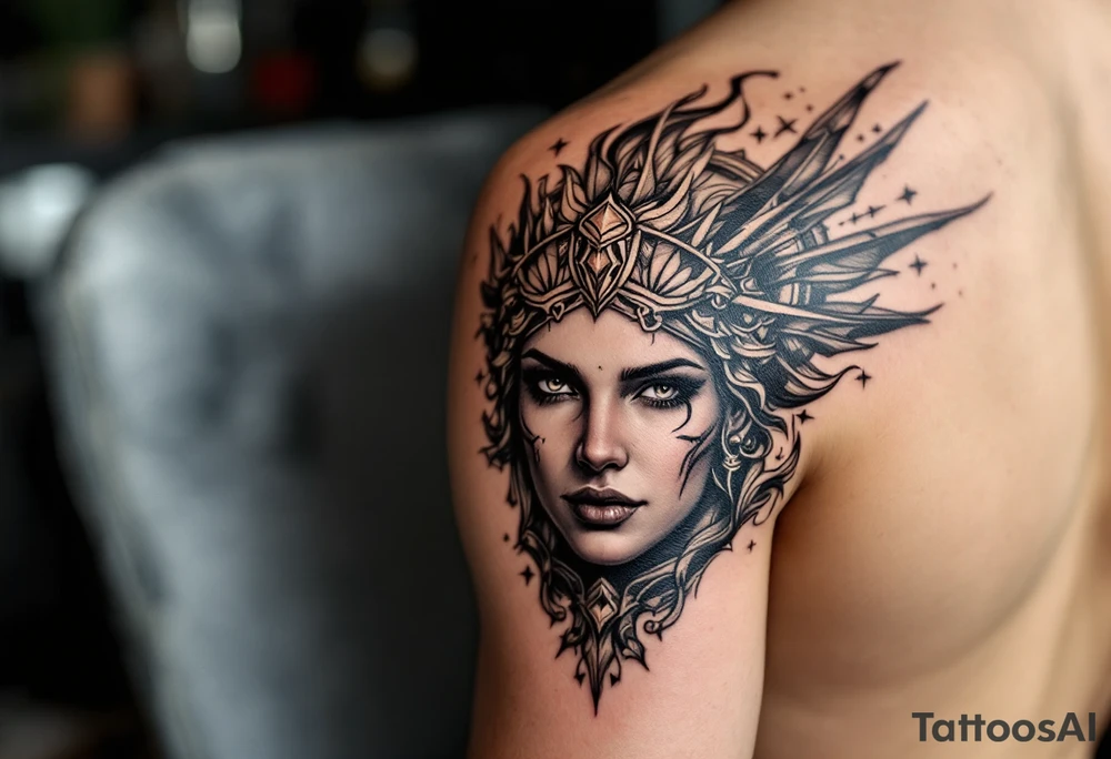 Athena goddess of war and wisdom on women’s upper arm tattoo idea