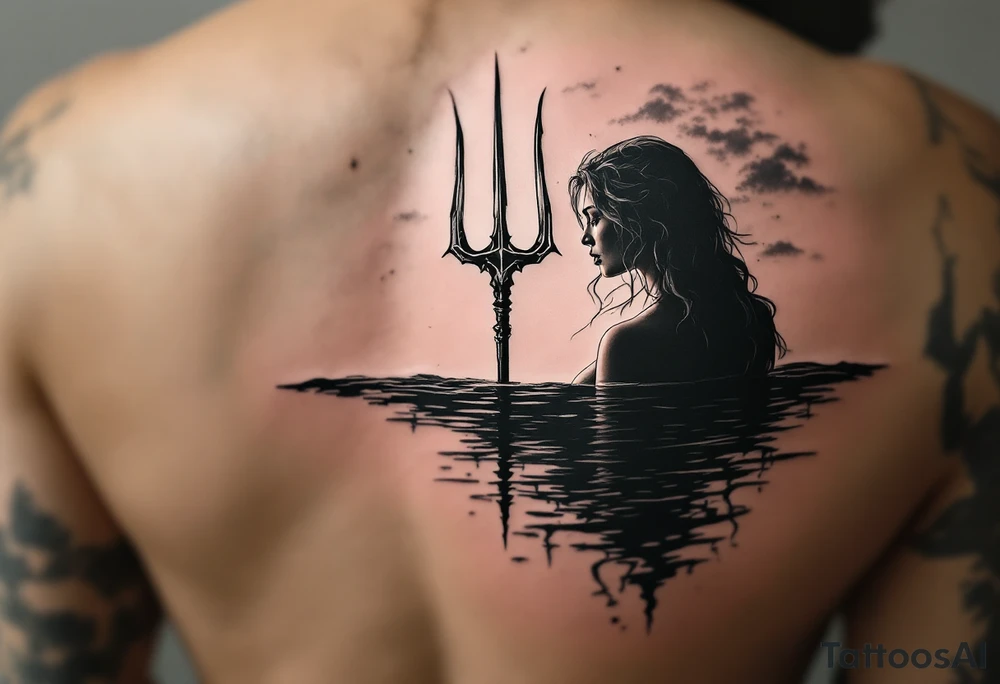trident half way under calm water at sunset with topless woman tattoo idea