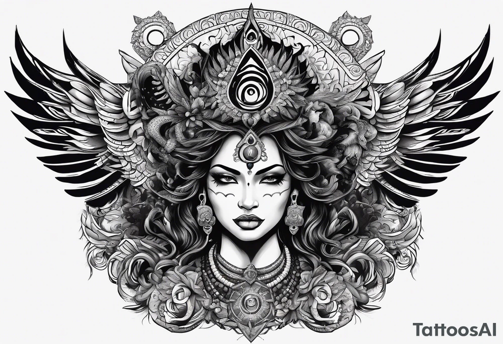 black kali, goddess pirate, alien, angel, pachamama, valkrye, warrior, flying, skull, lotus azul, wing, eagle, zenza resonance, stars, 5D, anahata chakra, death, durga, riding on a tiger, flying lady, kundalini, chest tatoo, samuri, rebel,serpent tattoo idea