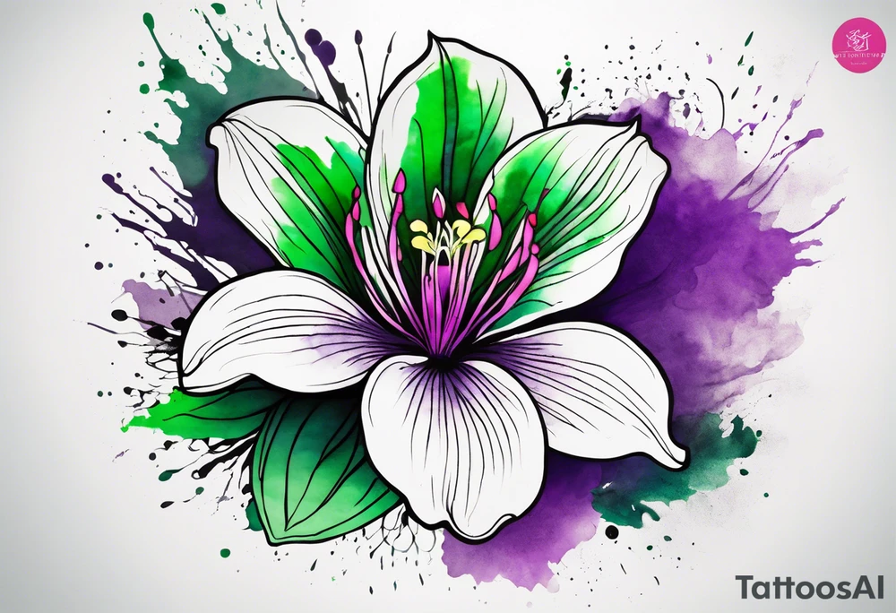 An outline of a rio dipladenia flower with a mystical green/purple watercolor splash in the background tattoo idea