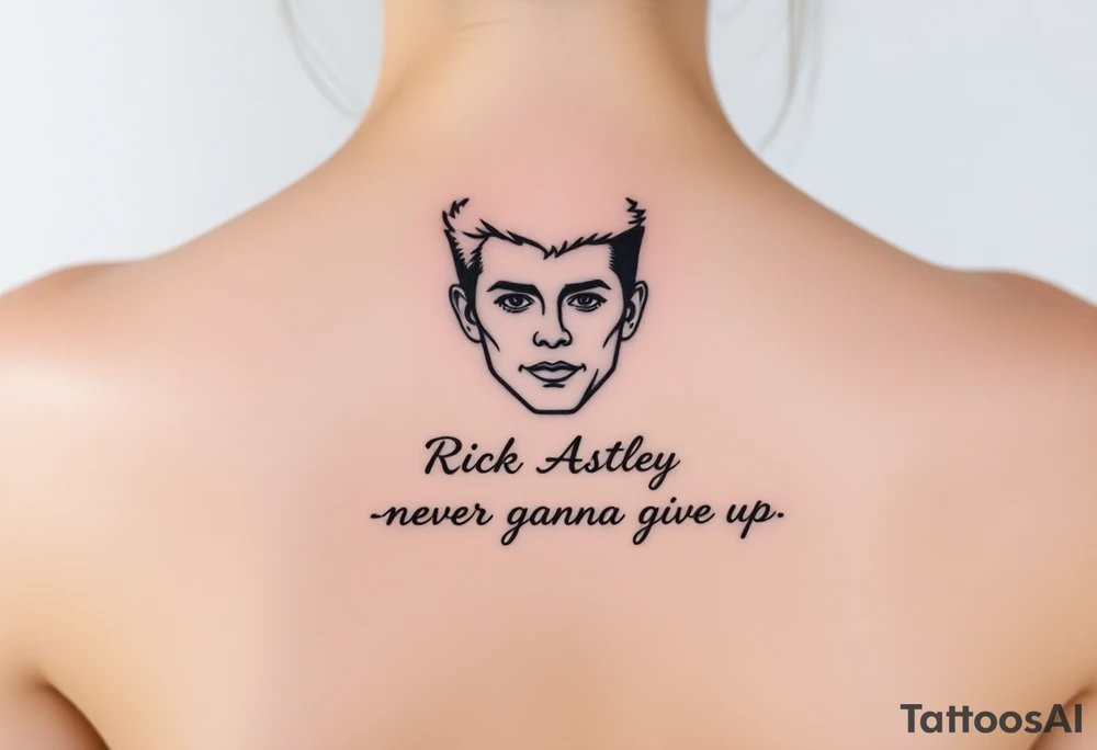 Rick Astley Face and Never Gonna Give You Up text tattoo idea