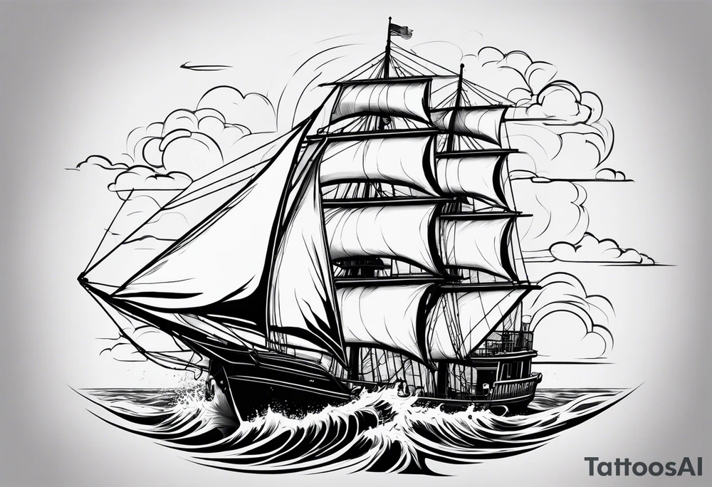 ghost marine lighthouse behind the bow of a sailboat. tattoo idea