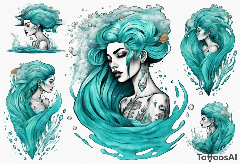 a tall woman made of water with turquoise hair surrounded by the ocean tattoo idea