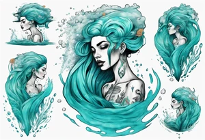 a tall woman made of water with turquoise hair surrounded by the ocean tattoo idea