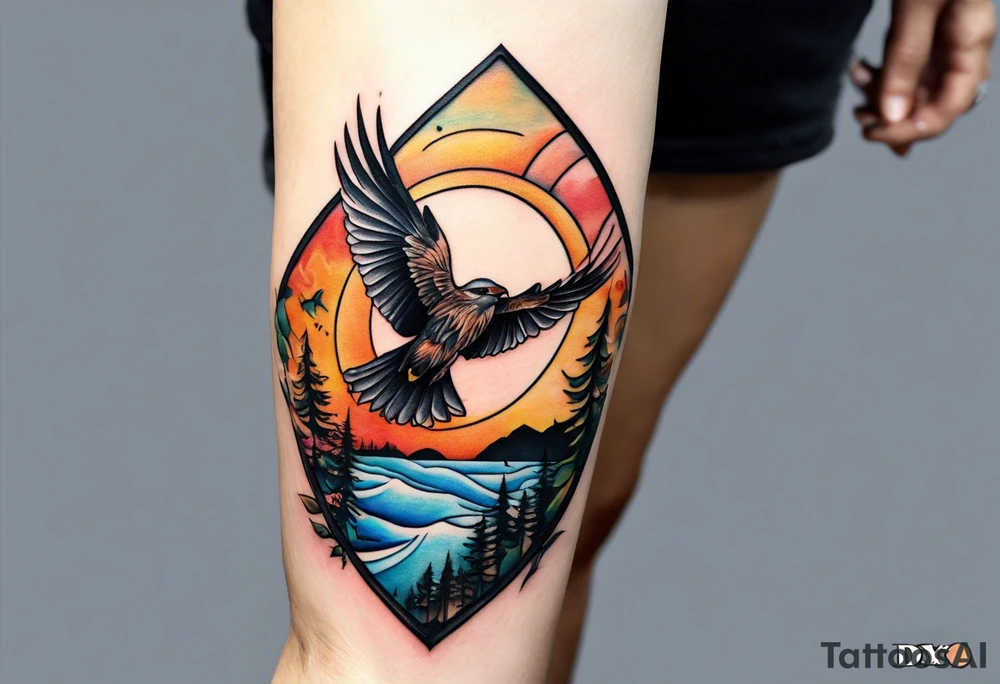 Small inside arm tattoo. Black kite (Daya's name), nature (trees/sea), small sunflower. Soft colours tattoo idea