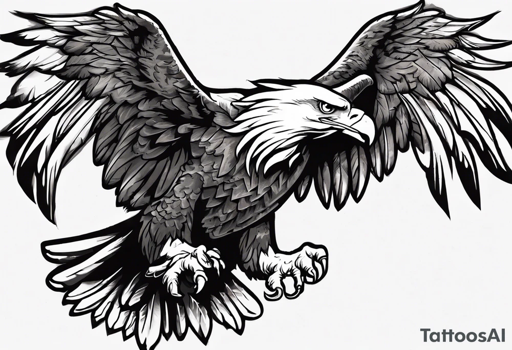 swooping military bald eagle tattoo, with the words "you shall prove yourself in the bitter end" up top and on the bottom the words "but for now, brace yourself." tattoo idea