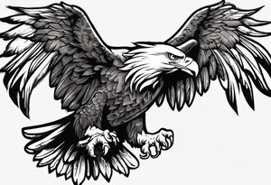 swooping military bald eagle tattoo, with the words "you shall prove yourself in the bitter end" up top and on the bottom the words "but for now, brace yourself." tattoo idea