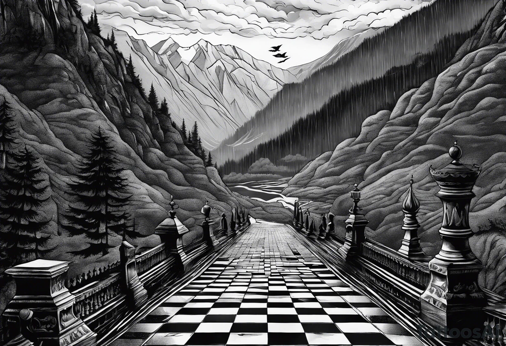 Reading books in the rain, chessboard with king and queen piece, background in a mountain and ravens tattoo idea