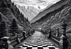 Reading books in the rain, chessboard with king and queen piece, background in a mountain and ravens tattoo idea