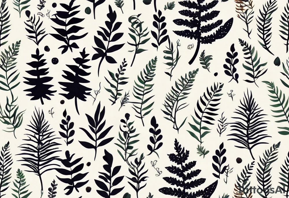 forest floor inspired minimalist tattoo, which includes grass, curly ferns, moss and dead leaves as the bulk of the tattoo. details to include: forest berries, a tiny bumblebee flying nearby, three small brown mushrooms
Generate a vertically long one tattoo idea