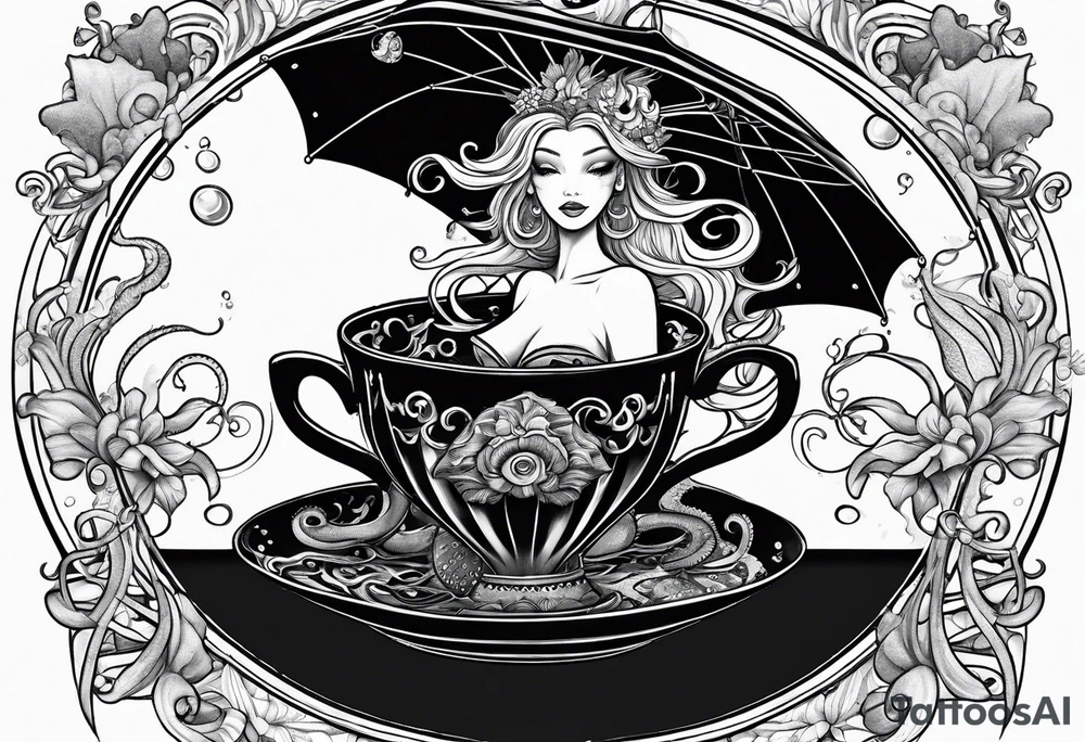 A beautiful sea witch with tentacles that incorporates a teacup, an umbrella, a yellow bird, and a gingerbread boy tattoo idea