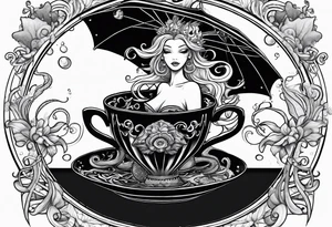A beautiful sea witch with tentacles that incorporates a teacup, an umbrella, a yellow bird, and a gingerbread boy tattoo idea
