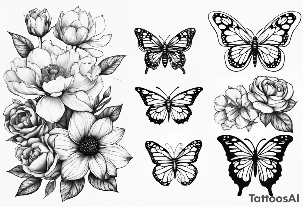 May, September, and November birth flower 2 time pieces with a bee and butterfly sleeve tattoo idea