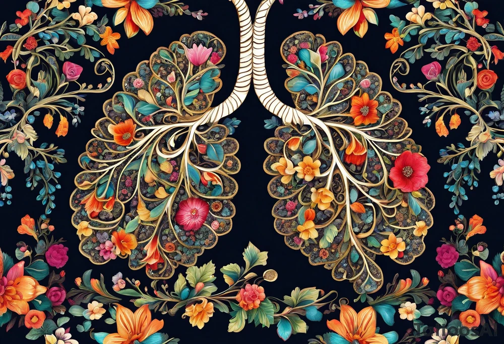 intricate and artistic arrangement of flowers and ornamental patterns that come together to form the shape of human lungs. The design should have a balance of delicacy and detail, with vibrant floral elements seamlessly intertwining to mimic the structure of the lungs, including the bronchi branching into floral motifs. Incorporate subtle shading and depth to give the tattoo a dynamic and organic feel, while maintaining elegance and symmetry tattoo idea