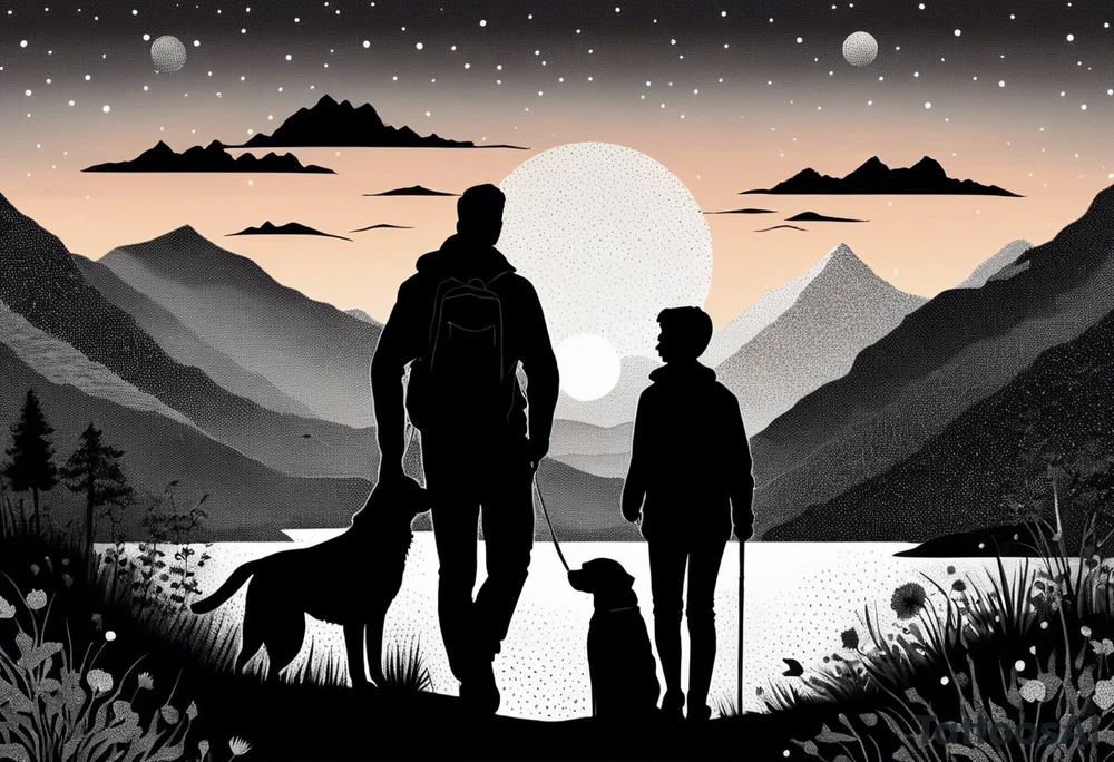 nature, sunset, mountains, a father and son hiking with their dog and cat 
by the water tattoo idea