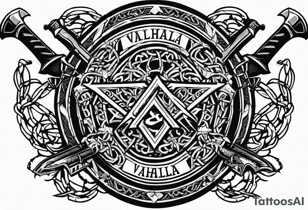 Valhalla round shield axe barbed wire chains tattoo idea