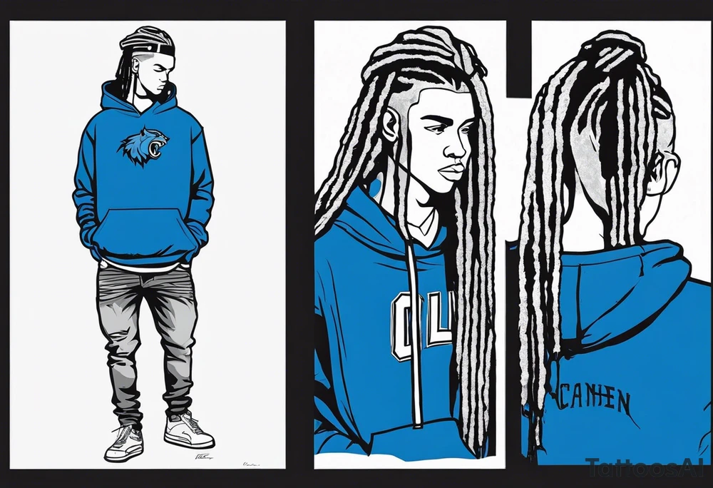black well built teen with with a grey hoodie on and blue jeans with long dreads turning into a blue wildcat in various spots on his body. I want his hoodie appear as if its been ripped in random places from the inside with I Carolina blue football jersey showing underneath that reads Camden tattoo idea