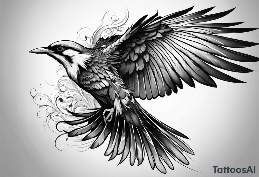 elegant long feathered bird in flight tattoo idea