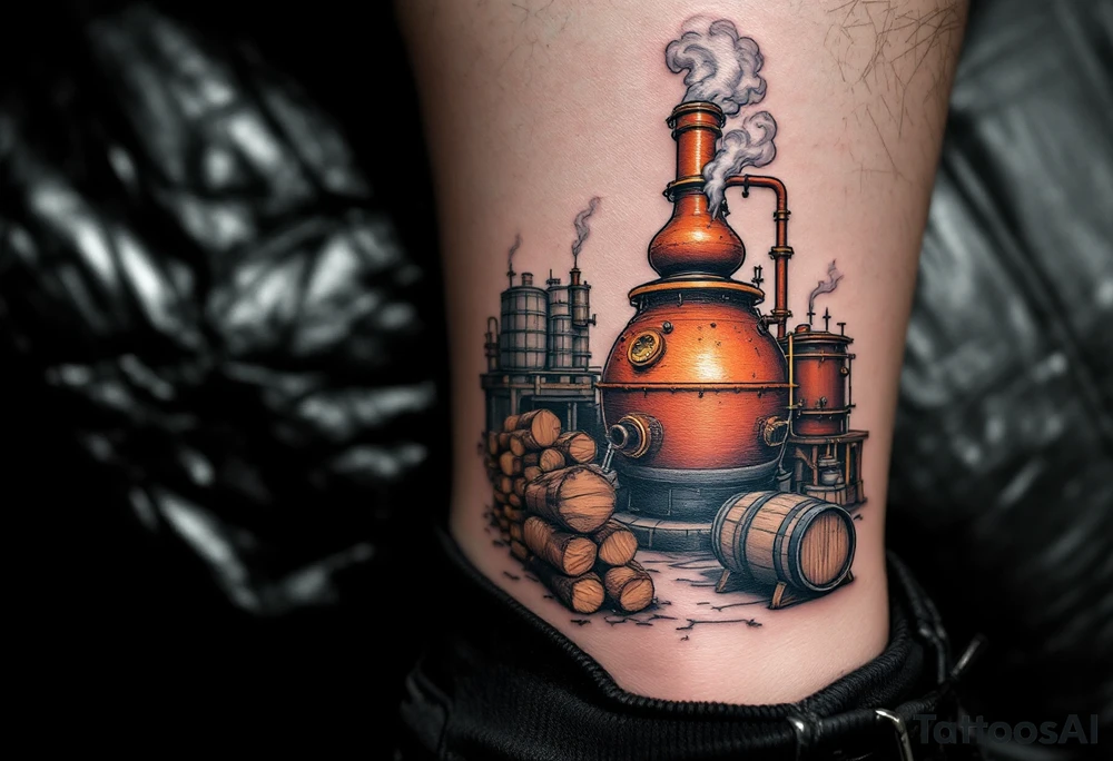 Distillery Scene – A detailed tattoo of an old copper still, with swirling steam clouds, barrels, and stacked firewood in burnt orange and smoky gray palette. tattoo idea
