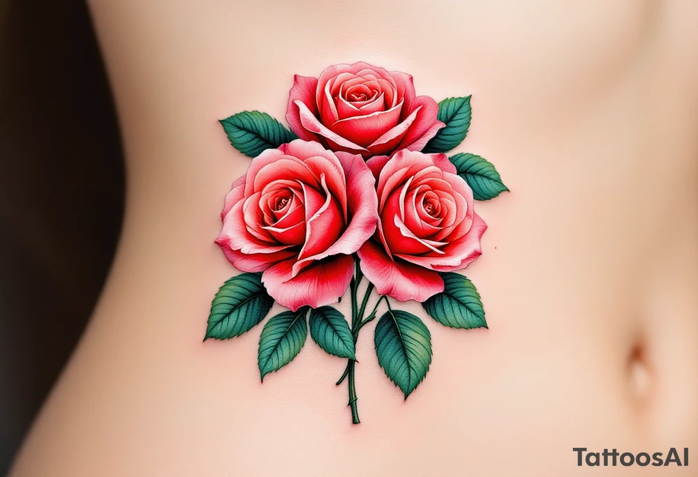 Tiny cluster of three red roses, tightly grouped with dark green leaves, drawn in a micro-realistic style. tattoo idea