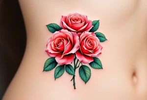 Tiny cluster of three red roses, tightly grouped with dark green leaves, drawn in a micro-realistic style. tattoo idea