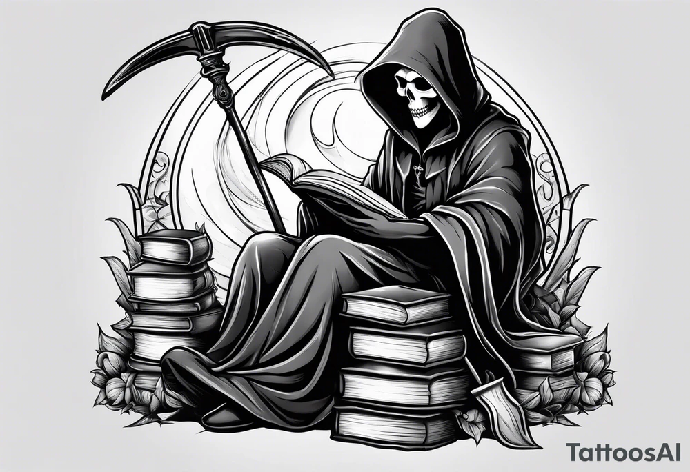 cute grim reaper sitting down reading books tattoo idea cute grim reaper sitting down reading books tattoo idea