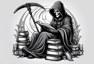 cute grim reaper sitting down reading books tattoo idea