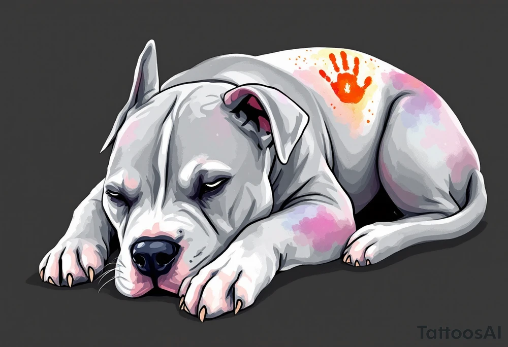 Staffbull with Child's Handprint
A peaceful Staffbull lying down with a small, colorful child’s handprint on its back or paw. Symbol of family and loyalty, done in grayscale with the handprint in soft watercolor tones (blue, pink, yellow). tattoo idea