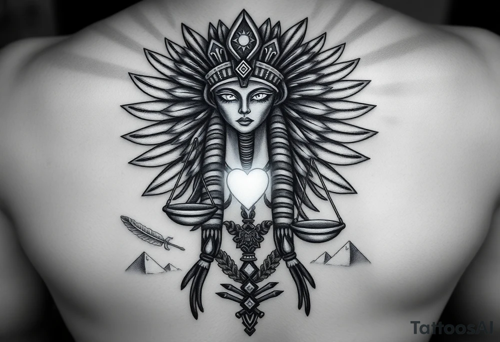 “Super realistic black and grey tattoo of the Egyptian goddess woman, depicted as a regal woman with an ostrich feather headdress, intense glowing eyes, and intricate ancient Egyptian jewelry. She stands or floats amidst swirling cosmic energy and beams of light, with subtle hieroglyphics and pyramids in the background. Incorporate the Scales of Justice—one side holding a heart, the other Ma’at’s feather—glowing with ethereal energy. Emphasize dramatic lighting, deep shadows, and surreal, mystical atmosphere to match a sleeve with Anubis and cosmic motifs. Design should flow with existing sleeve art, using soft transitions and layered textures. tattoo idea