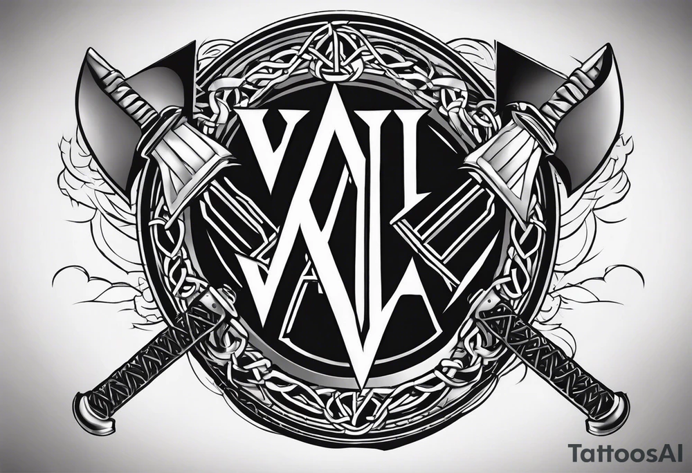 Valhalla sword round
shield axe barbed wire chains dark cloud lightning valknut tattoo idea