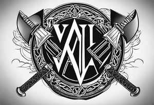 Valhalla sword round 
shield axe barbed wire chains dark cloud lightning valknut tattoo idea