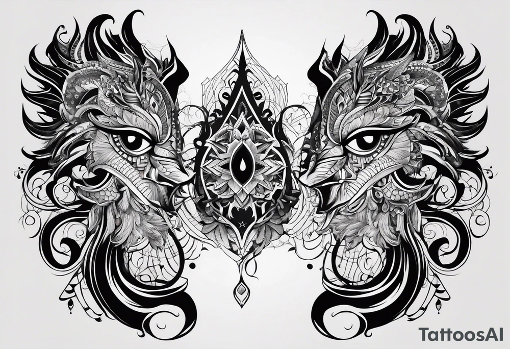 Men's chest tatto with two psychedelic entities facing each other, meaning that only  their sides are visible tattoo idea