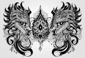Men's chest tatto with two psychedelic entities facing each other, meaning that only  their sides are visible tattoo idea