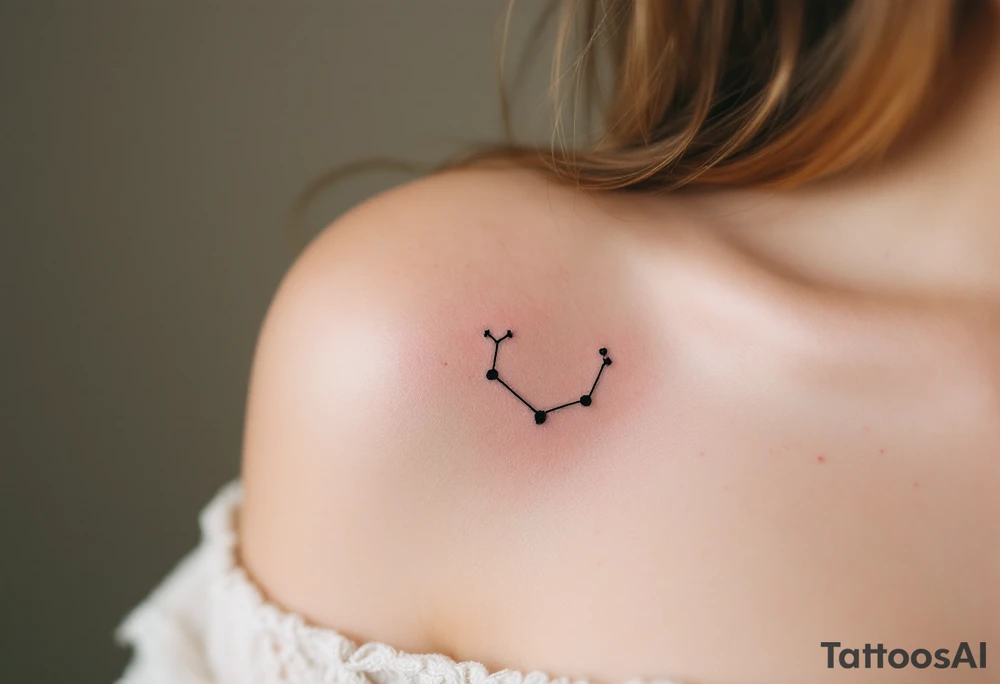 A fine-line Aries tattoo uses minimalist black ink with a pop of red for the zodiac glyph beside the constellation. tattoo idea