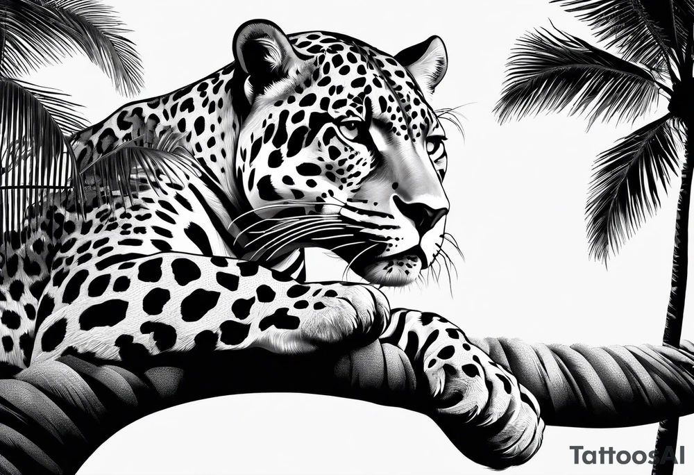 jaguar laying on palm tree tattoo idea