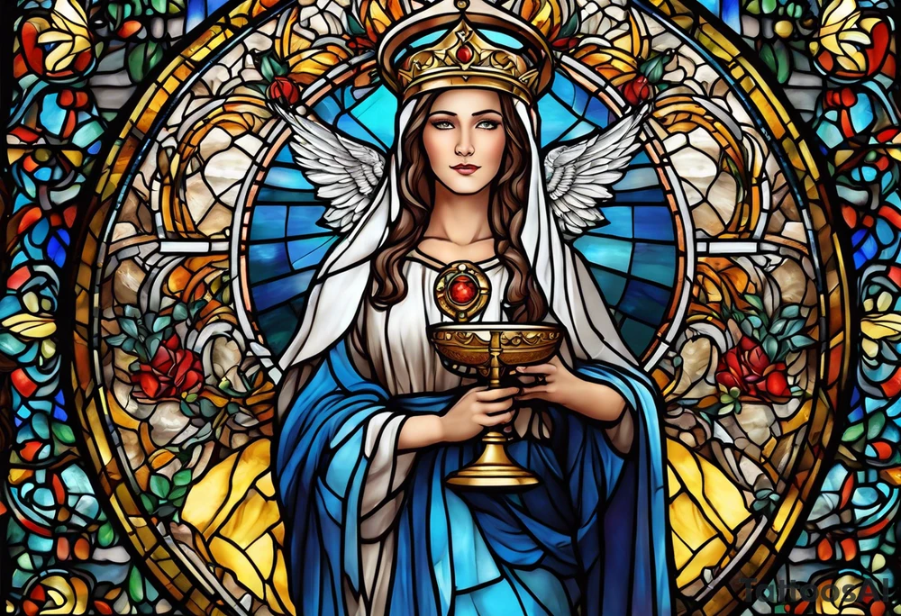 holy saint woman with halo stained glass holding a chalice with artillery tattoo idea