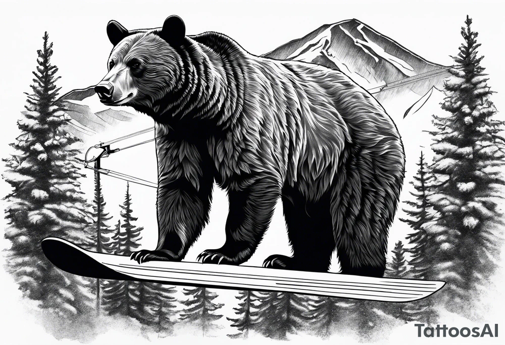 Large thigh tattoo, realism, black and white, black bear standing with a ski resort in the background tattoo idea