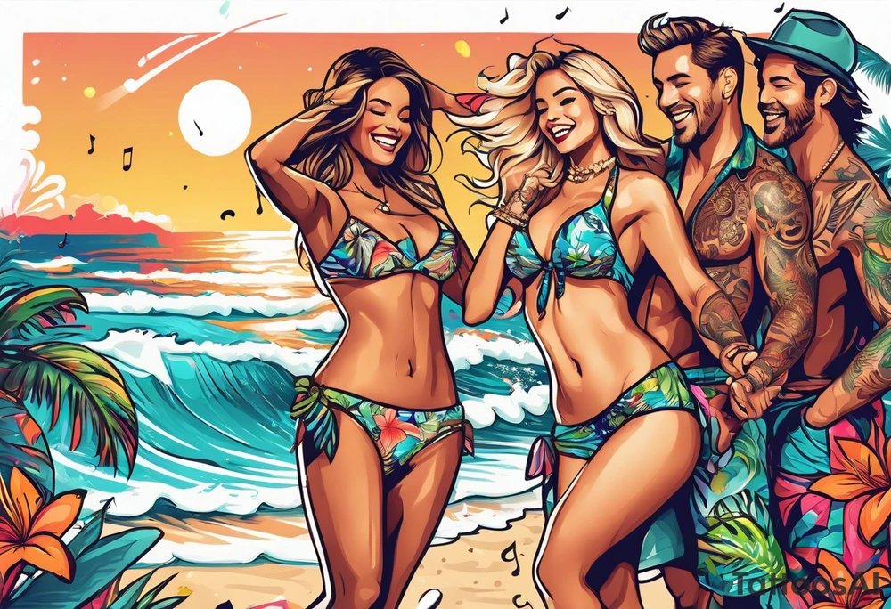 SURFING SAFARI BEACH DANCE 
PARTY WITH CONFETTI AND MUSIC NOTES, TROPICAL DRINKS, SEXY BIKINIS tattoo idea