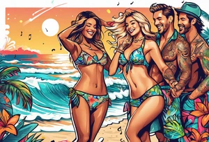 SURFING SAFARI BEACH DANCE 
PARTY WITH CONFETTI AND MUSIC NOTES, TROPICAL DRINKS, SEXY BIKINIS tattoo idea