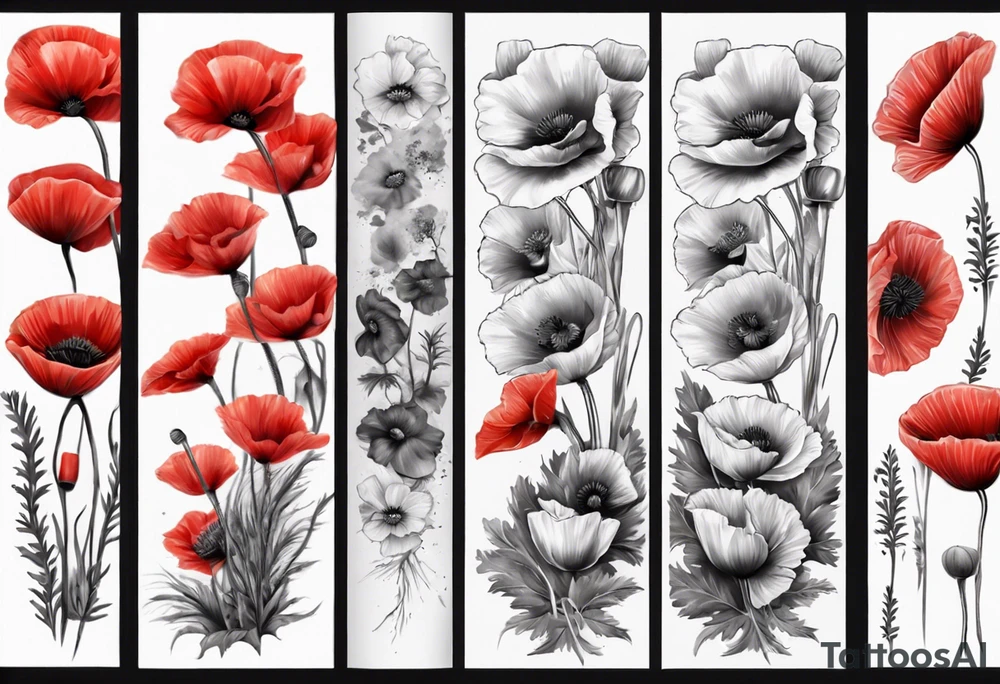 arm Sleeve with 14 poppies, one black and white. military themed tattoo idea
