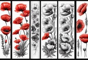 arm Sleeve with 14 poppies, one black and white. military themed tattoo idea