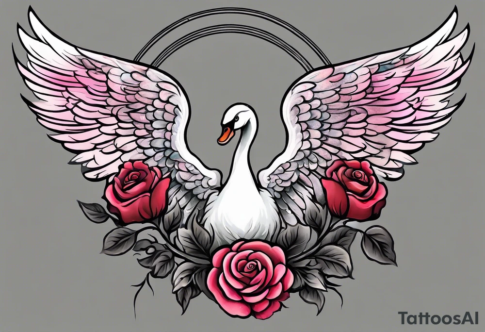 Soft washes of color create a dreamlike effect. Imagine the angel's wings with watercolor washes, the swan blending into soft blues, and the roses blooming in watercolor pinks and reds. tattoo idea