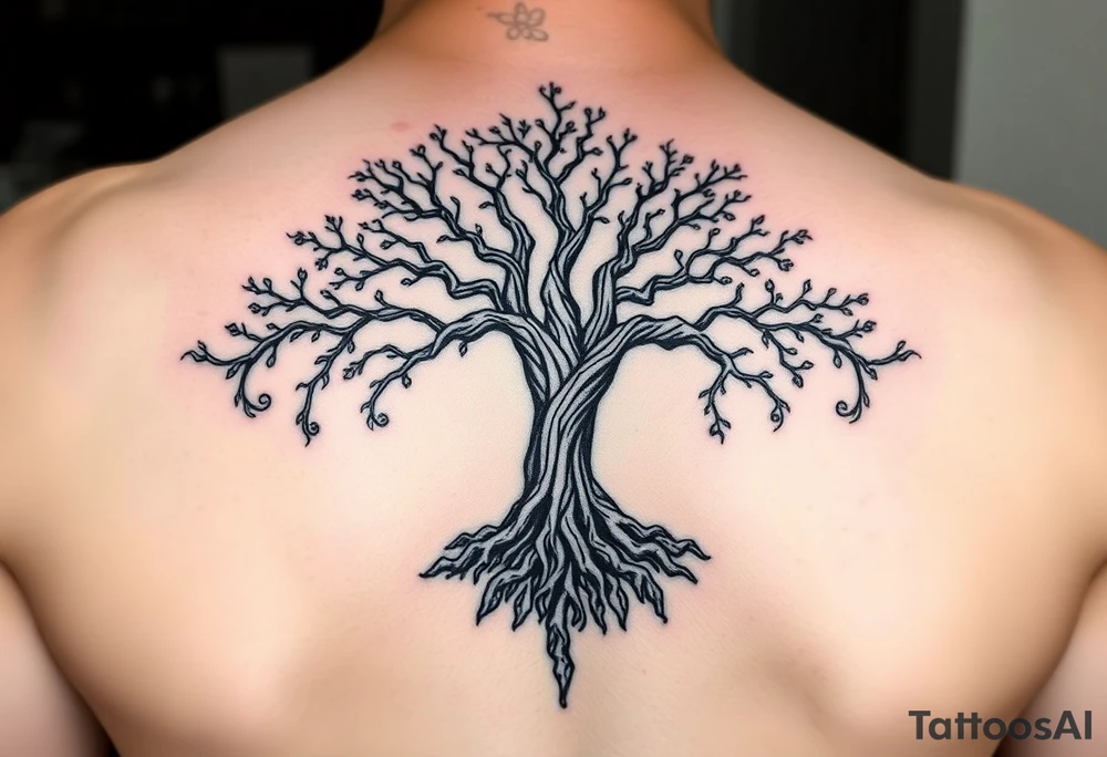 mystical tree of life with cosmic roots and celestial branches tattoo idea