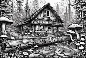 Woodland, cottage core, fallen log with small amount of mushrooms tattoo idea