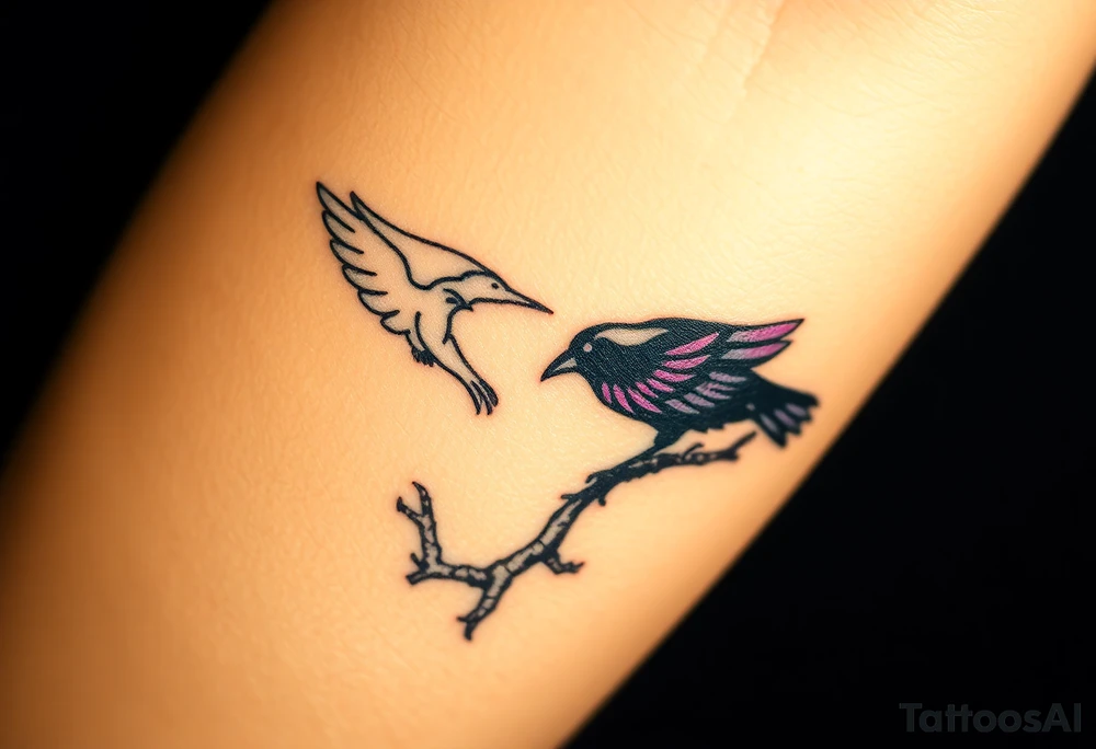 A pure white dove, soaring with soft golden light in its wings, is sharply contrasted with a black raven, its feathers shimmering in deep purples and blacks, perched ominously on a gnarled branch, symbolizing the tension between peace and darkness. tattoo idea