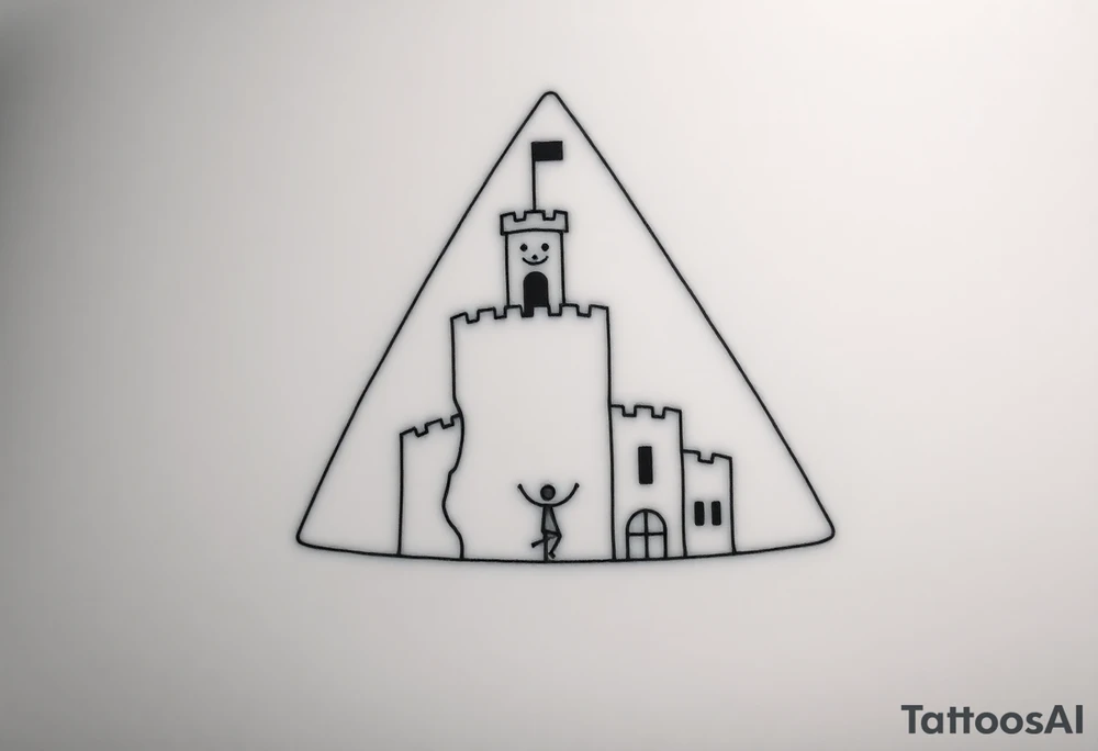 Create a minimalistic tattoo design based on a trapezoid shape representing a trap or siege. The trapezoid is the main background and frame.

Inside the trapezoid:

1. A small, simple castle at the top center with smooth walls and a short tower on one side, symbolizing loneliness.


2. A tiny black brick embedded in the castle wall, representing a 225 mg Tramadol pill — looks like a small dark dot from afar.


3. A small smiling mask on the tower with two dots for eyes and a curved line for a mouth, symbolizing hiding inner pain behind a smile.


4. A thin, irregular crack running from the bottom to the top of the castle wall, representing inner wounds and fractures.


5. A thin diagonal ray of light shining from one of the castle windows, symbolizing hope amidst darkness.


6. An abstract, minimal dancer figure in the castle courtyard made with simple lines, symbolizing dancing and perseverance despite being trapped.



The overall design should look clean and geometric from afar, but each element carries personal symbolism and emotional depth. tattoo idea