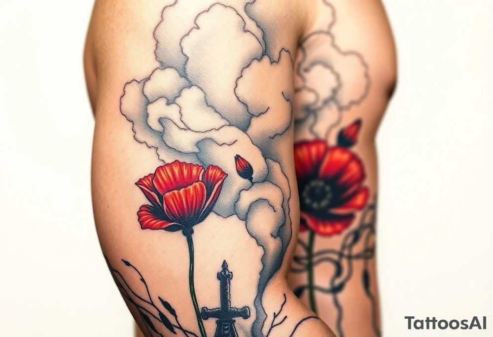 War zone with 2 poppy’s growing out of the smoke with 11B in the background and layer this over a map tattoo idea