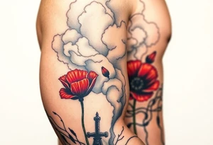 War zone with 2 poppy’s growing out of the smoke with 11B in the background and layer this over a map tattoo idea
